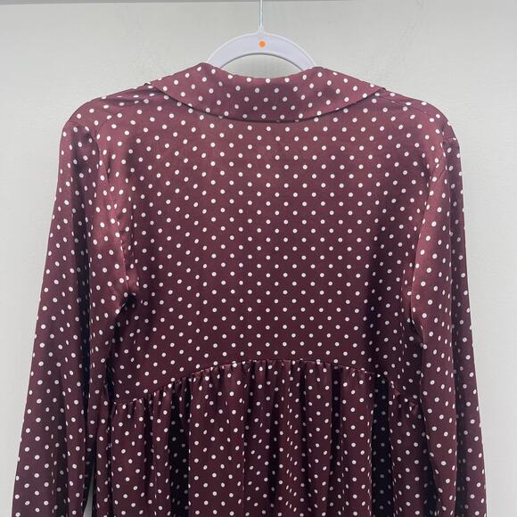 Zara Basic Brown Maroon Wine White Polka Dot Oversized Tunic Satin Blouse - Picture 4 of 6